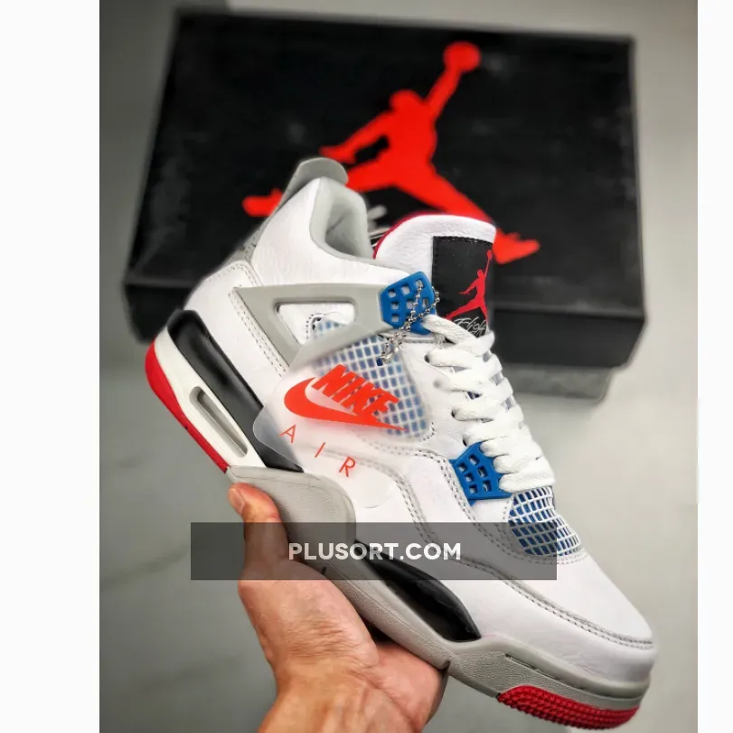 Air Jordan 4 'What The' White/Fire Red-Tech Grey-Military Blue / jordan 4 white blue red