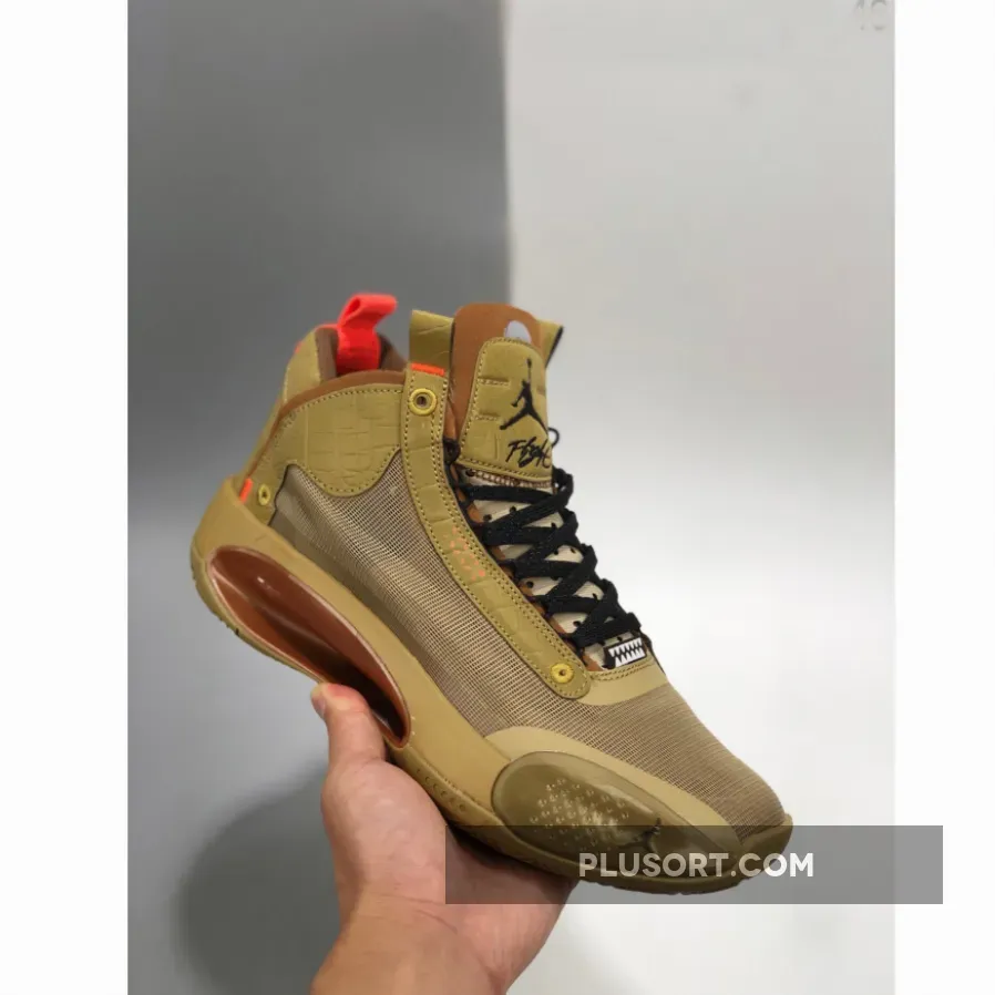 Air Jordan 34 'Bayou Boys' Mens AJ34 DA1897-300 Brown Kelp/Bright Crimson #air jordan 34 bayou